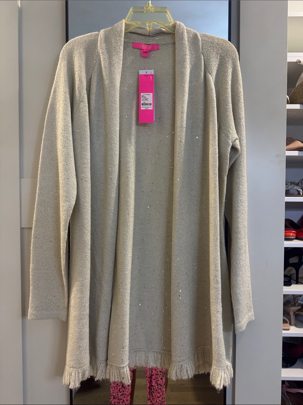 Lilly Pulitzer Cream Open-Front Cardigan with Subtle Sparkle and Fringe